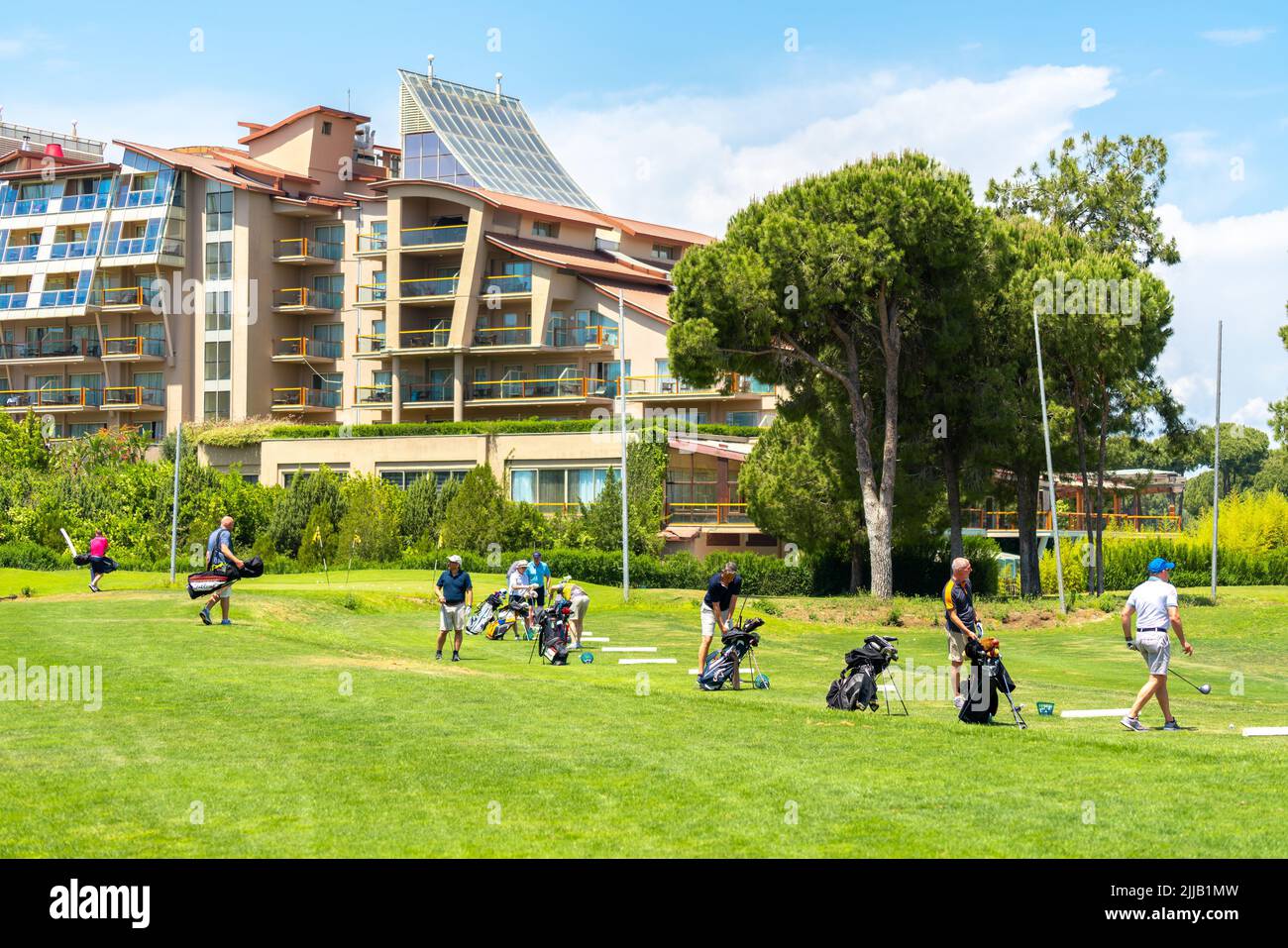 Belek, Turkey - May 13, 2022: Sueno hotel golf Belek with driving range at golf course. Sueno golf club in Sueno resort in Belek, Turkey Stock Photo