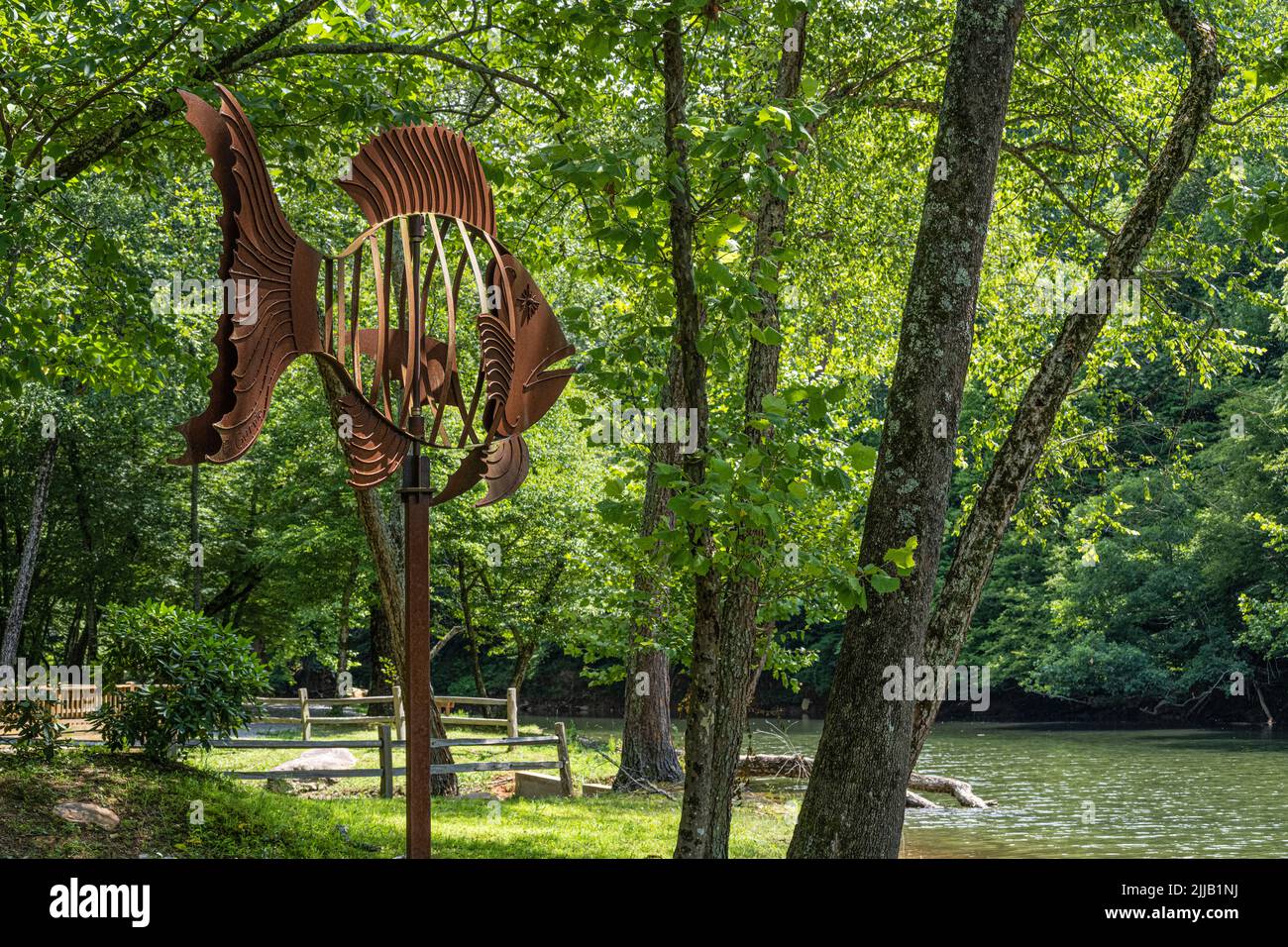 Steel Fish Weathervane sculpture at Meeks Park along the Nottely River in Blairsville, Georgia, by local artist Al Garnto. (USA) Stock Photo