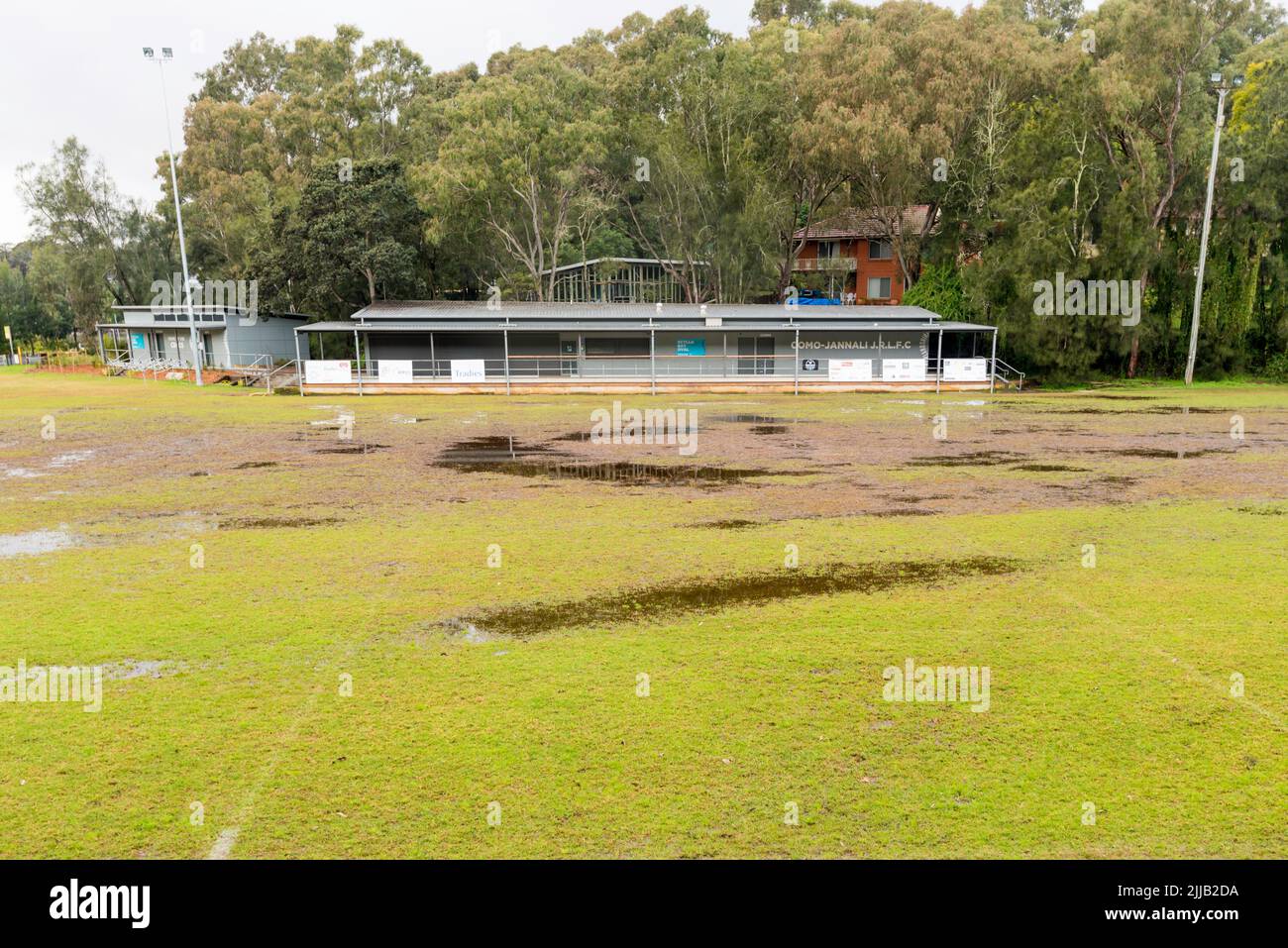 July 25, 2022 Como, Sydney, Australia: Scylla Bay football oval in the southern Sydney suburb of Como was closed again over the weekend due to persistant rain during the week. Despite a nearly rainless June, many areas in Sydney have yet to properly dry out from the recent La Niña event and the Como Junior Rugby League Football Club oval is no exception. The Club's Facebook page records that three of the last four weekends have been washed out. Photo Credit Stephen Dwyer Alamy.com Stock Photo