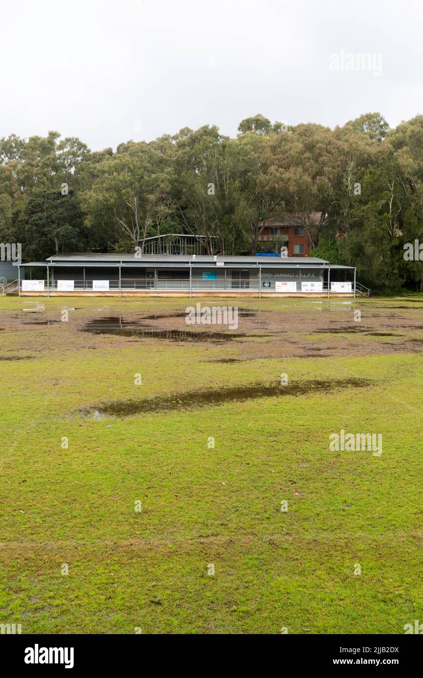 July 25, 2022 Como, Sydney, Australia: Scylla Bay football oval in the southern Sydney suburb of Como was closed again over the weekend due to persistant rain during the week. Despite a nearly rainless June, many areas in Sydney have yet to properly dry out from the recent La Niña event and the Como Junior Rugby League Football Club oval is no exception. The Club's Facebook page records that three of the last four weekends have been washed out. Photo Credit Stephen Dwyer Alamy.com Stock Photo