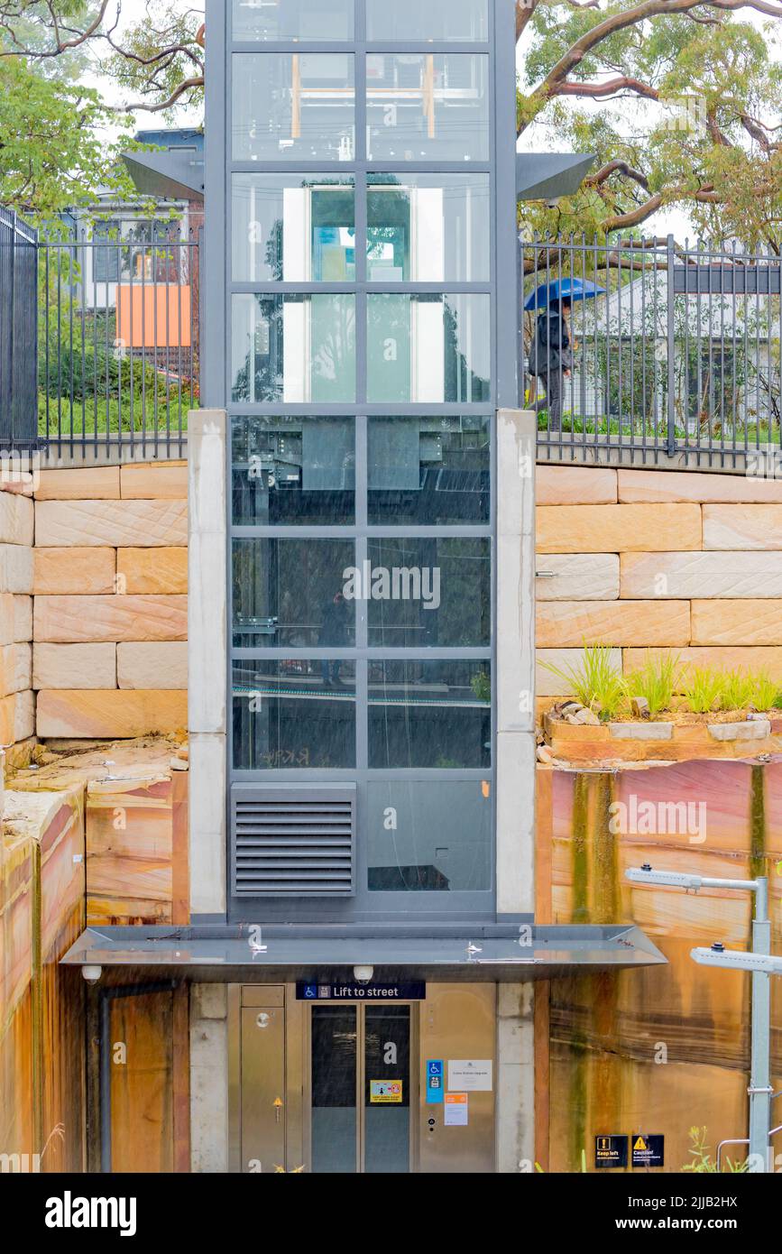 A new disabled access lift from the commuter car park and a second lift to the platform at Como Railway Station in Sydney was opened in March 2022. Stock Photo