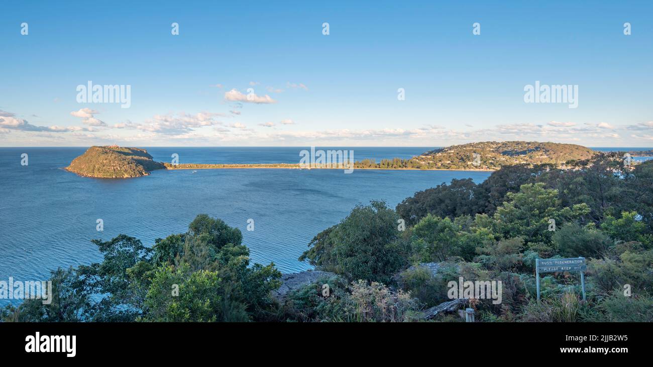 The 1881 historic Barrenjoey Head Lighthouse at the northern end of Palm Beach and Pittwater in Sydney Australia in the late afternoon winter sun. Stock Photo