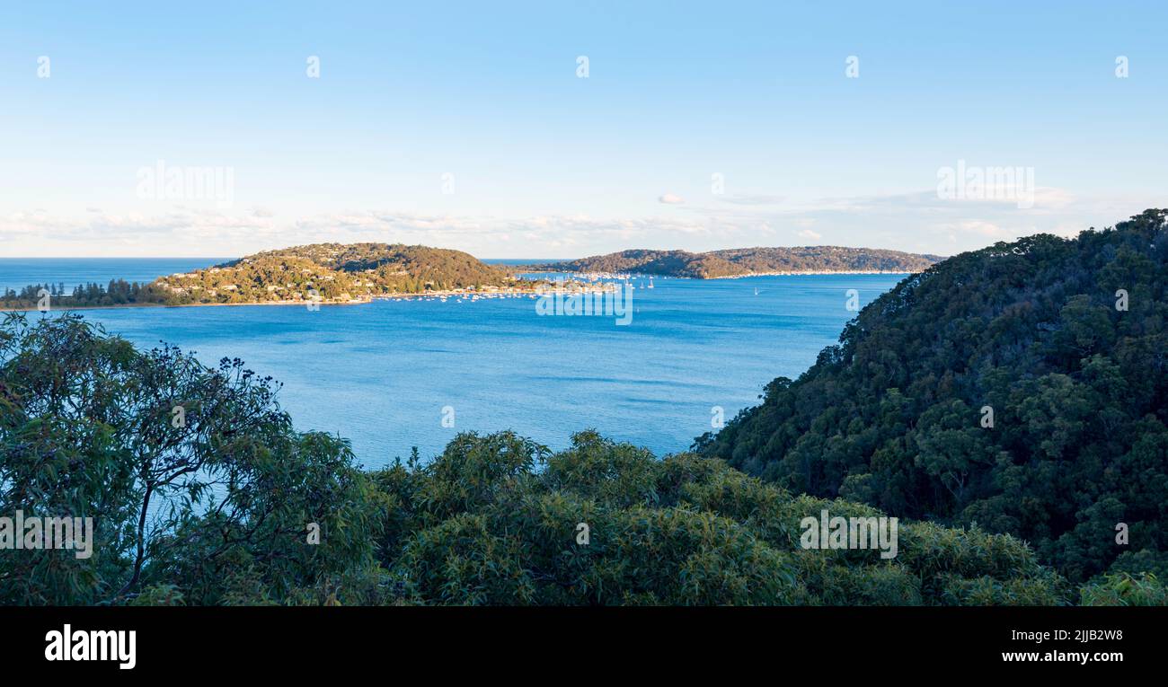The Pittwater side of Palm Beach and Careel Bay in Sydney Australia in the late afternoon winter sun Stock Photo