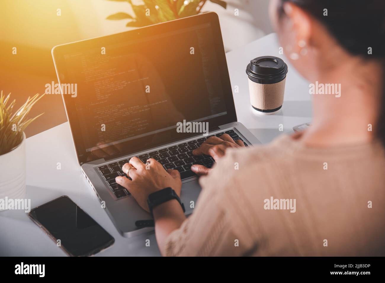 Web application development. programmer woman writing program code sitting at workplace in office, software developer hands coding HTML programming wi Stock Photo