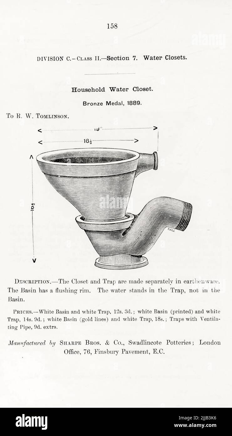 Household Water Closet. from the book ' Illustrated list of exhibits to which medals have been awarded at their exhibitions, held in connection with the congresses at Worcester, 1889 ; Brighton, 1890 ; Portsmouth, 1892 ; Liverpool, 1894 ; Newcastle, 1896 ; Leeds, 1897 ; Birmingham, 1898 ; Southampton, 1899 by Sanitary Institute (Great Britain) Publication date 1906 Publisher London : Offices of the Sanitary Institute Stock Photo