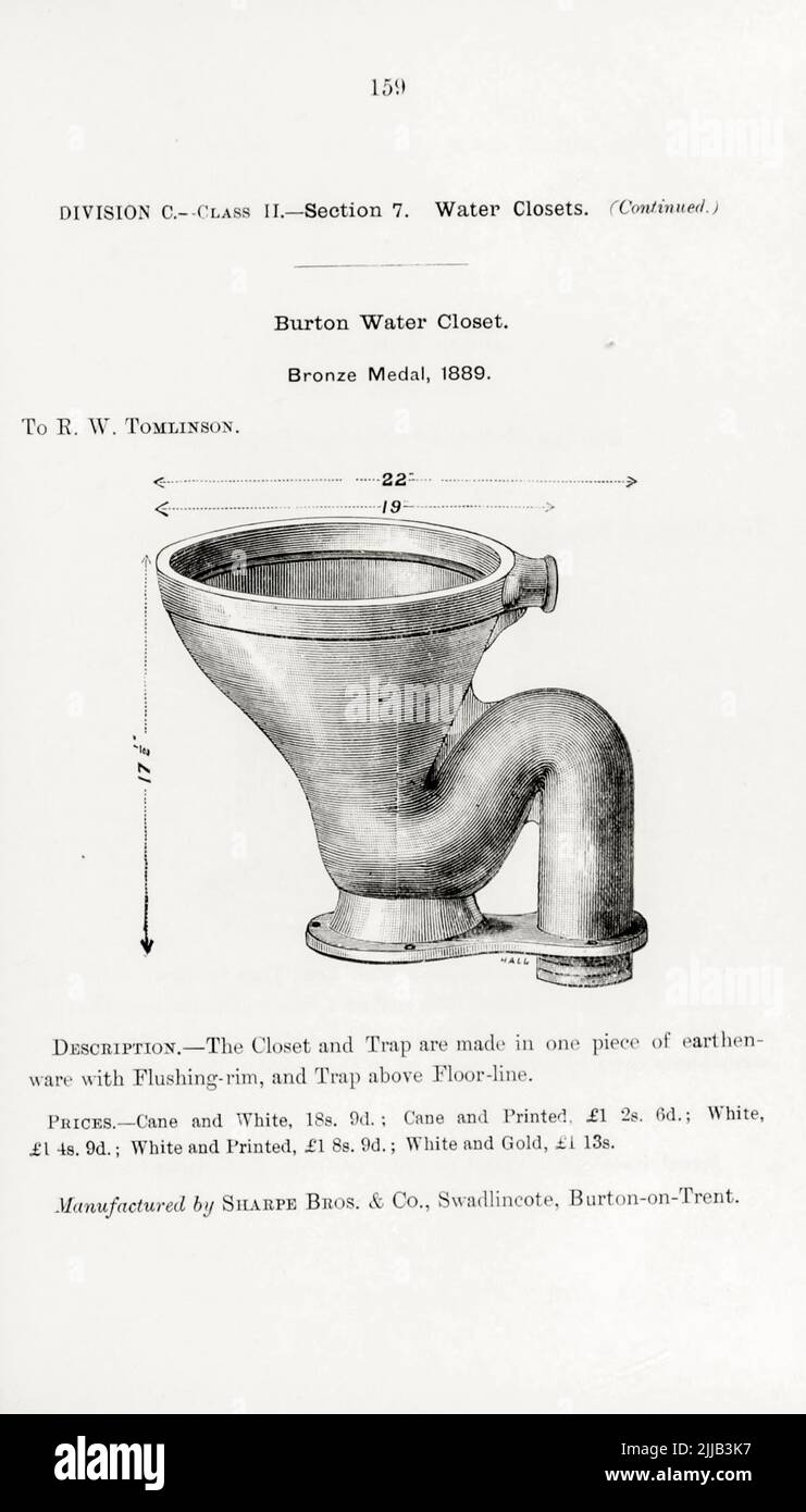 Burton Water Closet. from the book ' Illustrated list of exhibits to which medals have been awarded at their exhibitions, held in connection with the congresses at Worcester, 1889 ; Brighton, 1890 ; Portsmouth, 1892 ; Liverpool, 1894 ; Newcastle, 1896 ; Leeds, 1897 ; Birmingham, 1898 ; Southampton, 1899 by Sanitary Institute (Great Britain) Publication date 1906 Publisher London : Offices of the Sanitary Institute Stock Photo