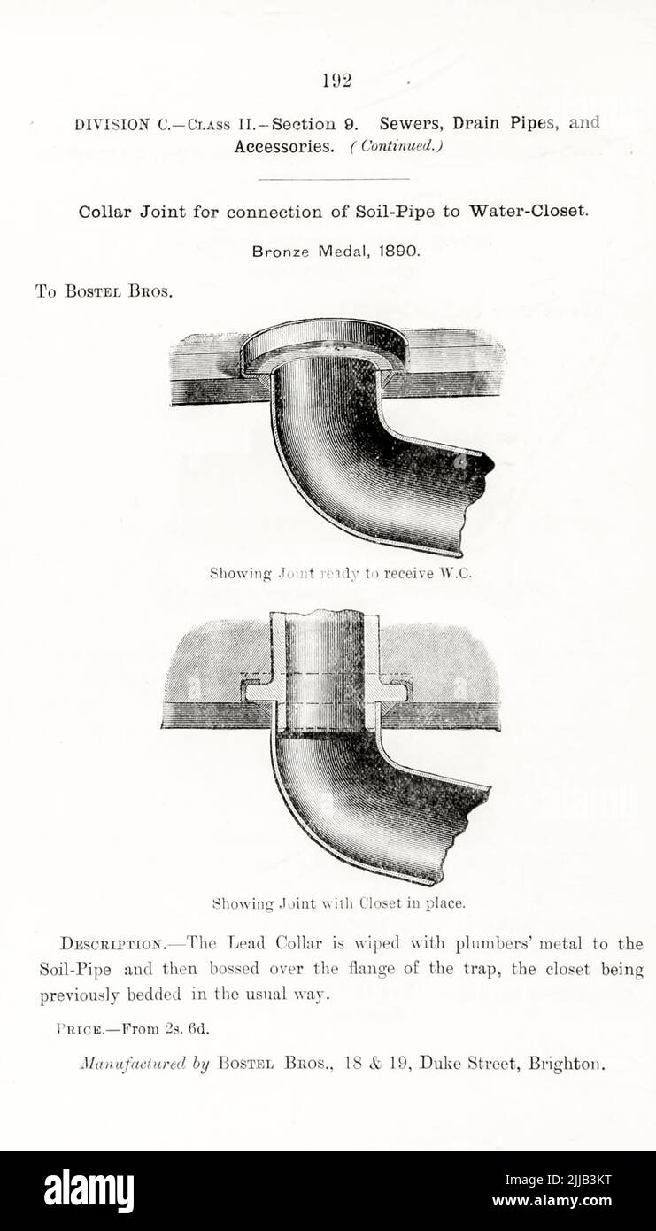 Collar Joint for connection of Soil-Pipe to Water-Closet from the book ' Illustrated list of exhibits to which medals have been awarded at their exhibitions, held in connection with the congresses at Worcester, 1889 ; Brighton, 1890 ; Portsmouth, 1892 ; Liverpool, 1894 ; Newcastle, 1896 ; Leeds, 1897 ; Birmingham, 1898 ; Southampton, 1899 by Sanitary Institute (Great Britain) Publication date 1906 Publisher London : Offices of the Sanitary Institute Stock Photo