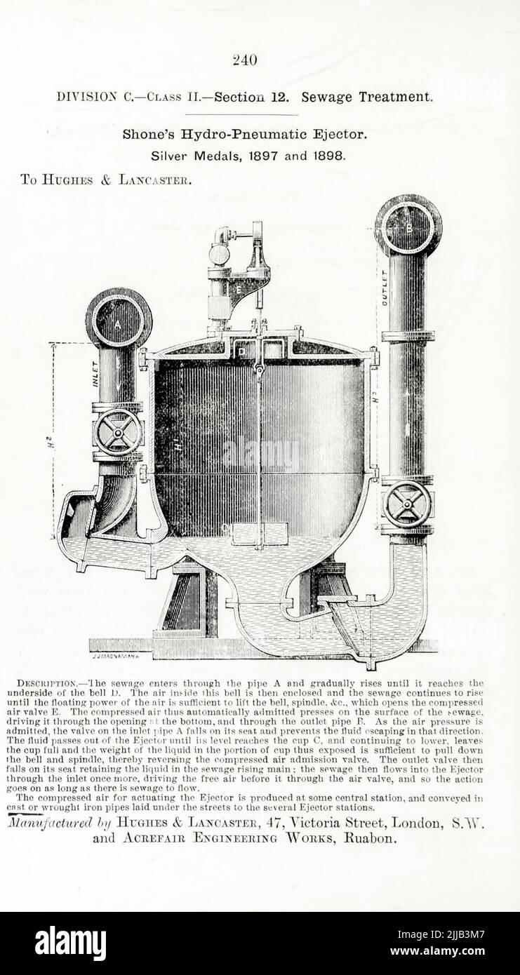 Sewage Treatment: Shone's Hydro-Pneumatic Ejector. from the book '  Illustrated list of exhibits to which medals have been awarded at their  exhibitions, held in connection with the congresses at Worcester, 1889 ;