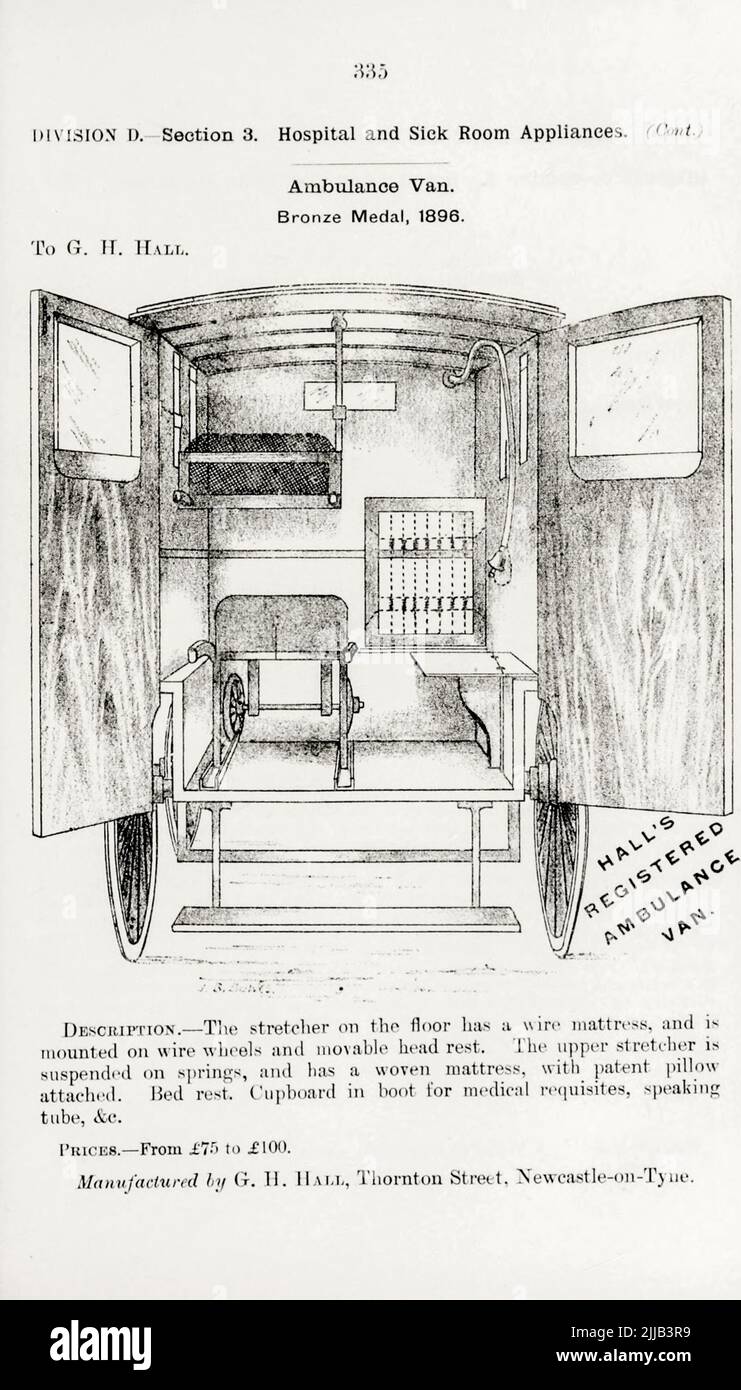 Ambulance Van from the book ' Illustrated list of exhibits to which medals have been awarded at their exhibitions, held in connection with the congresses at Worcester, 1889 ; Brighton, 1890 ; Portsmouth, 1892 ; Liverpool, 1894 ; Newcastle, 1896 ; Leeds, 1897 ; Birmingham, 1898 ; Southampton, 1899 by Sanitary Institute (Great Britain) Publication date 1906 Publisher London : Offices of the Sanitary Institute Stock Photo