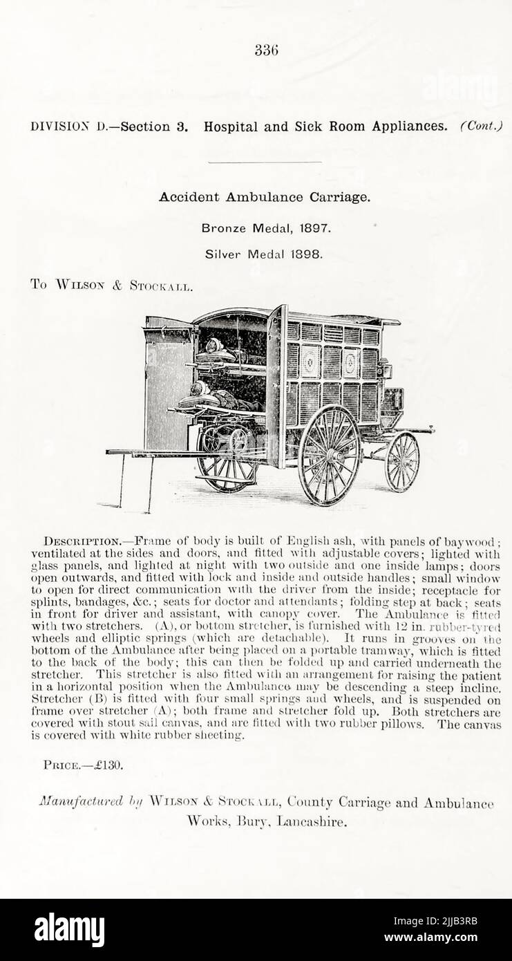 Accident Ambulance Carriage from the book ' Illustrated list of exhibits to which medals have been awarded at their exhibitions, held in connection with the congresses at Worcester, 1889 ; Brighton, 1890 ; Portsmouth, 1892 ; Liverpool, 1894 ; Newcastle, 1896 ; Leeds, 1897 ; Birmingham, 1898 ; Southampton, 1899 by Sanitary Institute (Great Britain) Publication date 1906 Publisher London : Offices of the Sanitary Institute Stock Photo