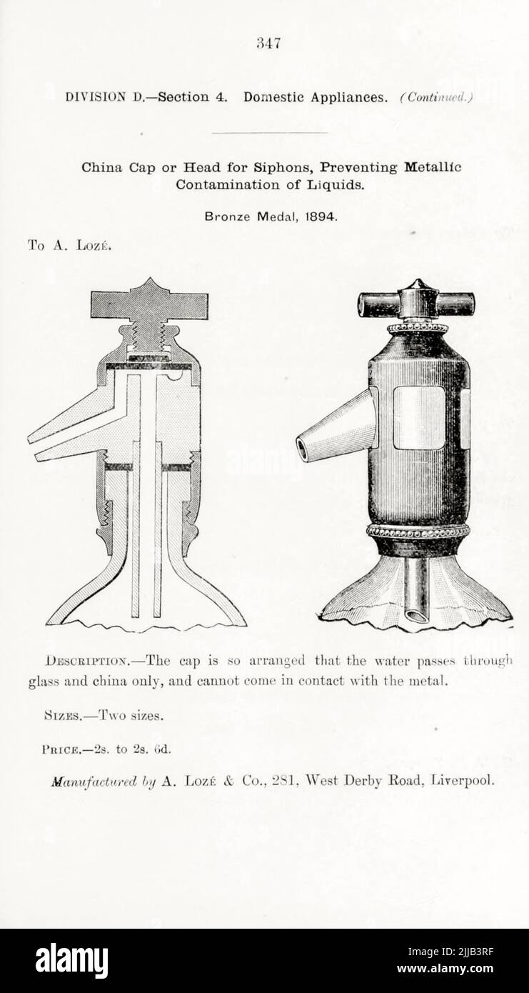 China Cap or Head for Siphons, Preventing Metallic Contamination of Liquids. from the book ' Illustrated list of exhibits to which medals have been awarded at their exhibitions, held in connection with the congresses at Worcester, 1889 ; Brighton, 1890 ; Portsmouth, 1892 ; Liverpool, 1894 ; Newcastle, 1896 ; Leeds, 1897 ; Birmingham, 1898 ; Southampton, 1899 by Sanitary Institute (Great Britain) Publication date 1906 Publisher London : Offices of the Sanitary Institute Stock Photo