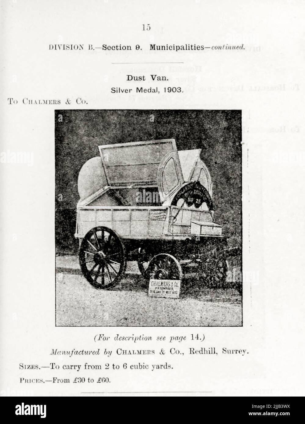 Dust Van from the book ' Illustrated list of exhibits to which medals have been awarded at their exhibitions, held in connection with the congresses at Worcester, 1889 ; Brighton, 1890 ; Portsmouth, 1892 ; Liverpool, 1894 ; Newcastle, 1896 ; Leeds, 1897 ; Birmingham, 1898 ; Southampton, 1899 by Sanitary Institute (Great Britain) Publication date 1906 Publisher London : Offices of the Sanitary Institute Stock Photo