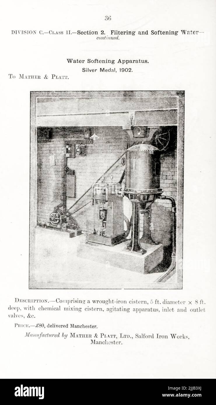 Water Softening Apparatus from the book ' Illustrated list of exhibits to which medals have been awarded at their exhibitions, held in connection with the congresses at Worcester, 1889 ; Brighton, 1890 ; Portsmouth, 1892 ; Liverpool, 1894 ; Newcastle, 1896 ; Leeds, 1897 ; Birmingham, 1898 ; Southampton, 1899 by Sanitary Institute (Great Britain) Publication date 1906 Publisher London : Offices of the Sanitary Institute Stock Photo