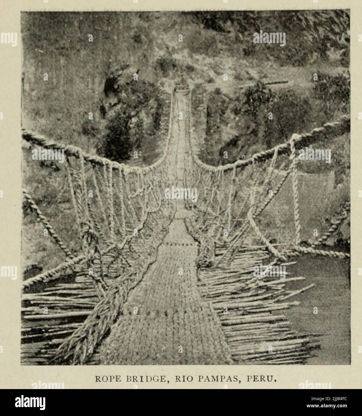 Rope Bridge Spanning the Rio Pampas, Peru from an article ' EARLY ARCHITECTURE AND ENGINEERING IN PERU ' By Mme. Alice D. Le Plongeon  from The Engineering Magazine DEVOTED TO INDUSTRIAL PROGRESS Volume VII April to September, 1894 NEW YORK The Engineering Magazine Co Stock Photo