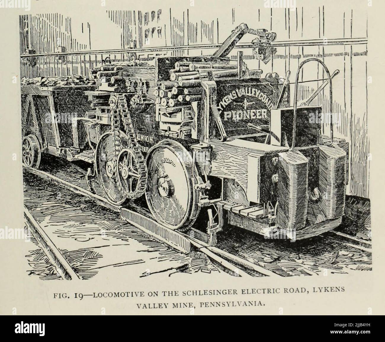 LOCOMOTIVE ON THE SCHLESINGER ELECTRIC ROAD, LYKENS VALLEY MINE, PENNSYLVANIA from the article ' DEVELOPMENT OF THE ELECTRIC LOCOMOTIVE ' By B. J. Arnold, M. Am. Inst. E. E. from The Engineering Magazine DEVOTED TO INDUSTRIAL PROGRESS Volume VII April to September, 1894 NEW YORK The Engineering Magazine Co Stock Photo