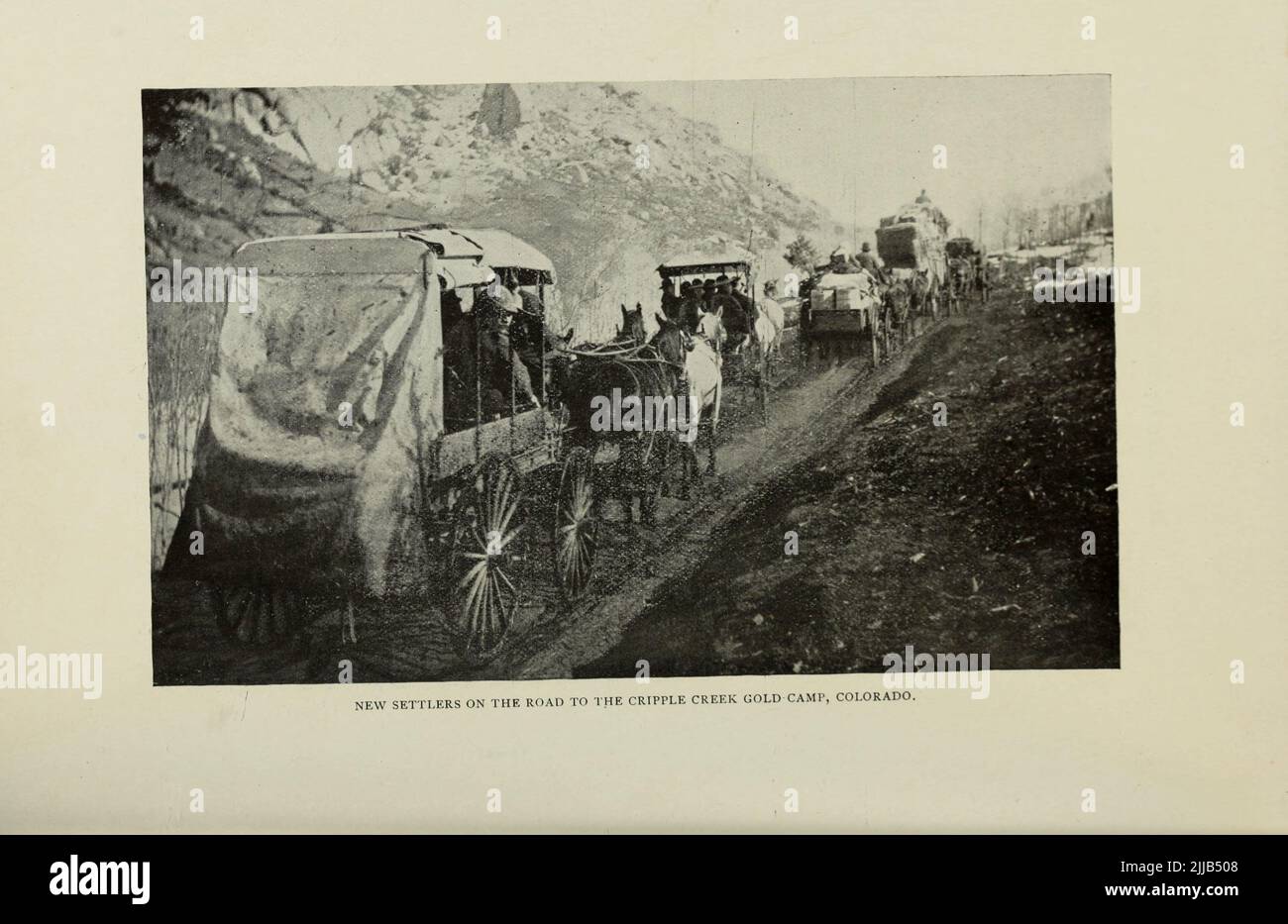 New Settlers on the Road to the Cripple Creek Camp, Colorado from the article ' COLORADO'S NEW GOLD-CAMPS ' By Prof. Arthur Lakes from The Engineering Magazine DEVOTED TO INDUSTRIAL PROGRESS Volume VII April to September, 1894 NEW YORK The Engineering Magazine Co Stock Photo