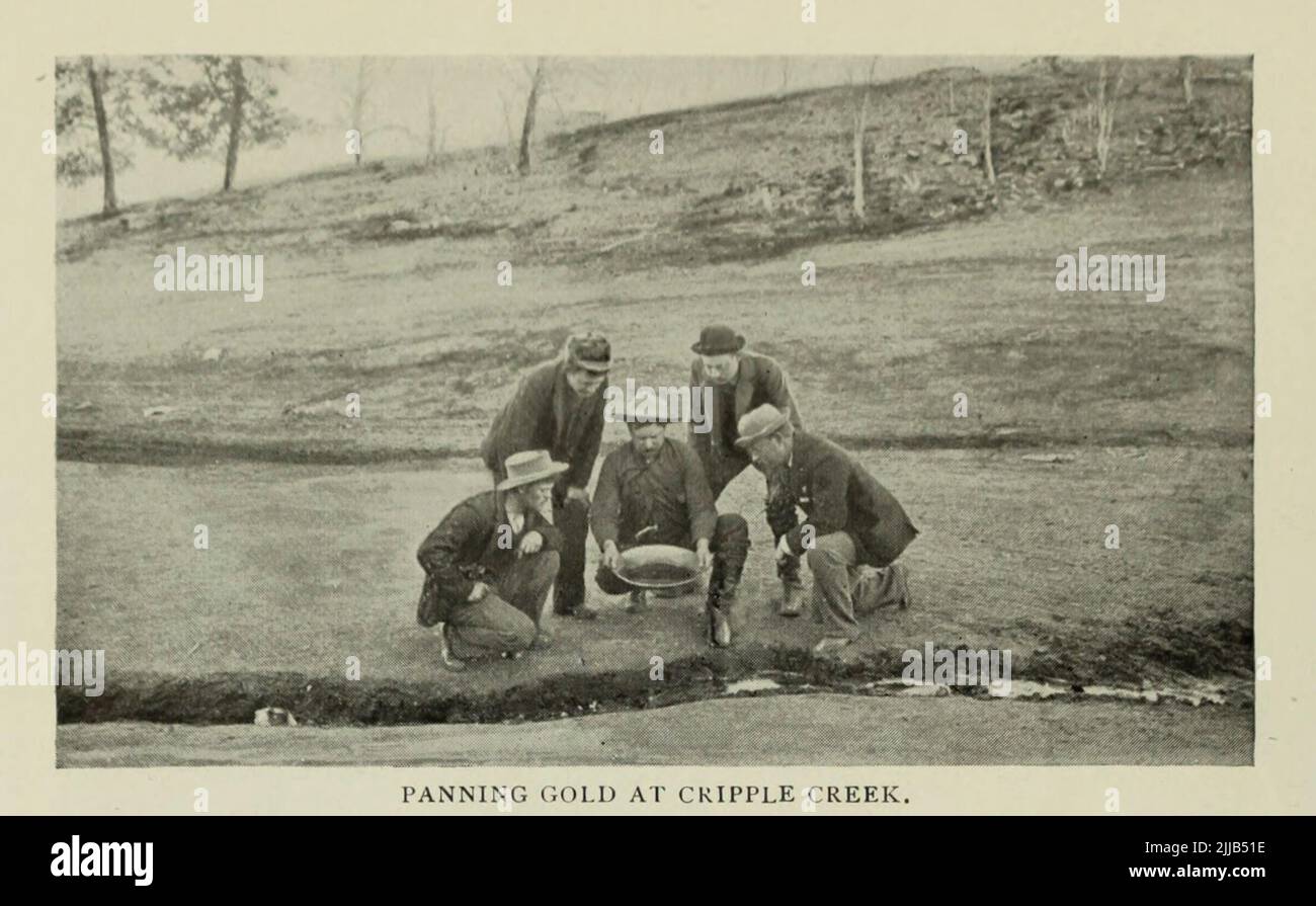 Panning Gold at Cripple Creek, Colorado  from the article ' COLORADO'S NEW GOLD-CAMPS ' By Prof. Arthur Lakes from The Engineering Magazine DEVOTED TO INDUSTRIAL PROGRESS Volume VII April to September, 1894 NEW YORK The Engineering Magazine Co Stock Photo