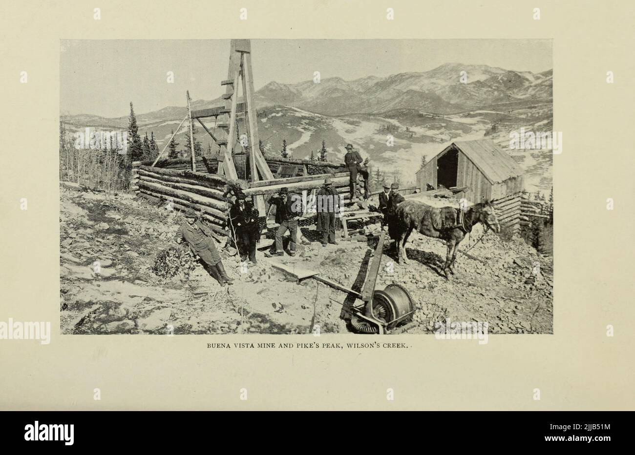 Buena Vista Mine and Pike's Peak, Cripple Creek, Colorado from the article ' COLORADO'S NEW GOLD-CAMPS ' By Prof. Arthur Lakes from The Engineering Magazine DEVOTED TO INDUSTRIAL PROGRESS Volume VII April to September, 1894 NEW YORK The Engineering Magazine Co Stock Photo