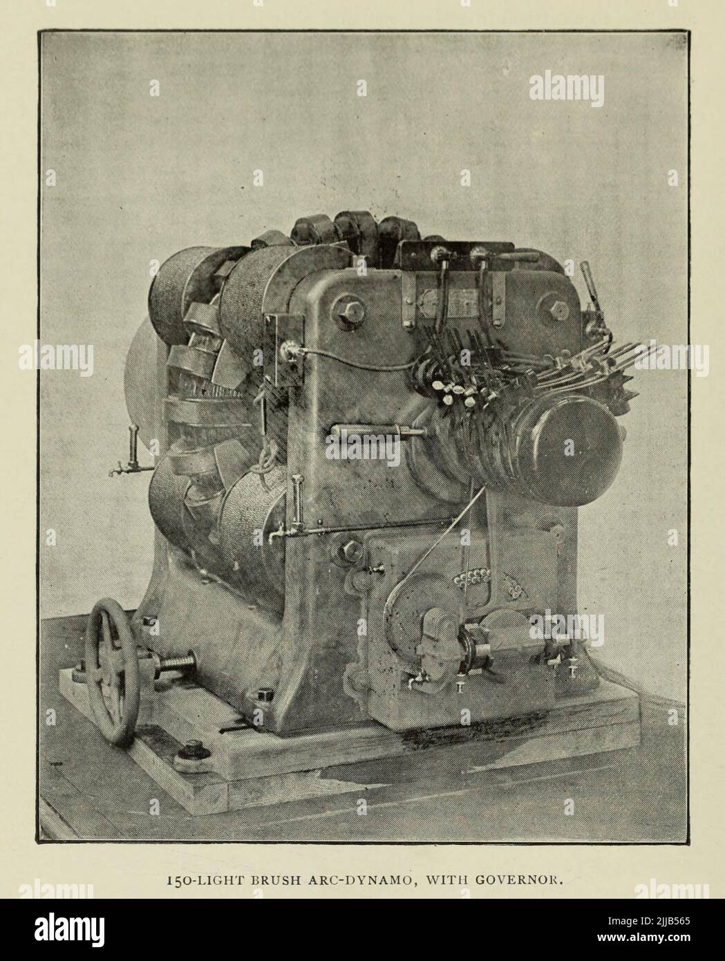 150 Light Brush Arc-Dynamo with Governor from the article ' BEGINNINGS AND FUTURE OF THE ARC-LAMP ' by S. M. Hamill  from The Engineering Magazine DEVOTED TO INDUSTRIAL PROGRESS Volume VII April to September, 1894 NEW YORK The Engineering Magazine Co Stock Photo