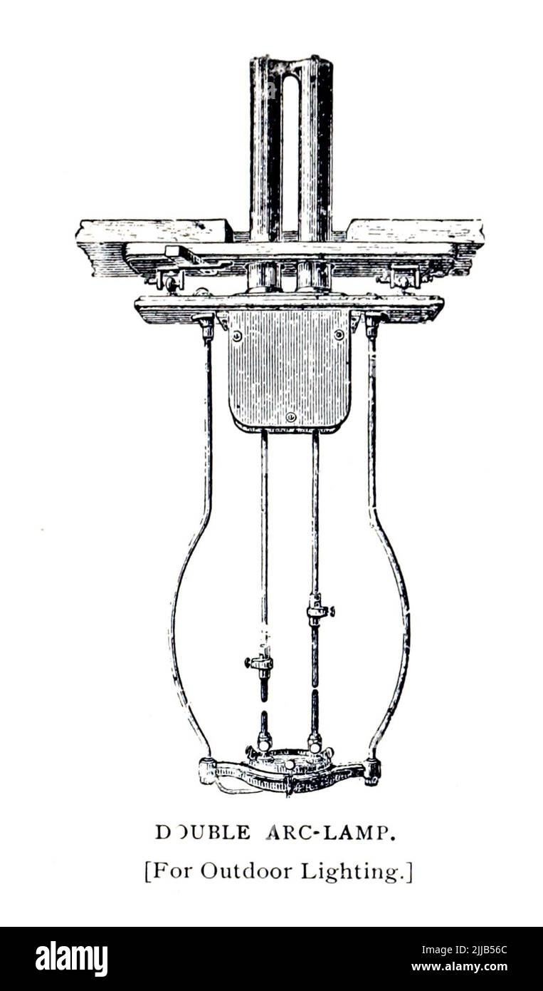 Double Arc-Lamp [for Outdoor lighting]from the article ' BEGINNINGS AND FUTURE OF THE ARC-LAMP ' by S. M. Hamill  from The Engineering Magazine DEVOTED TO INDUSTRIAL PROGRESS Volume VII April to September, 1894 NEW YORK The Engineering Magazine Co Stock Photo