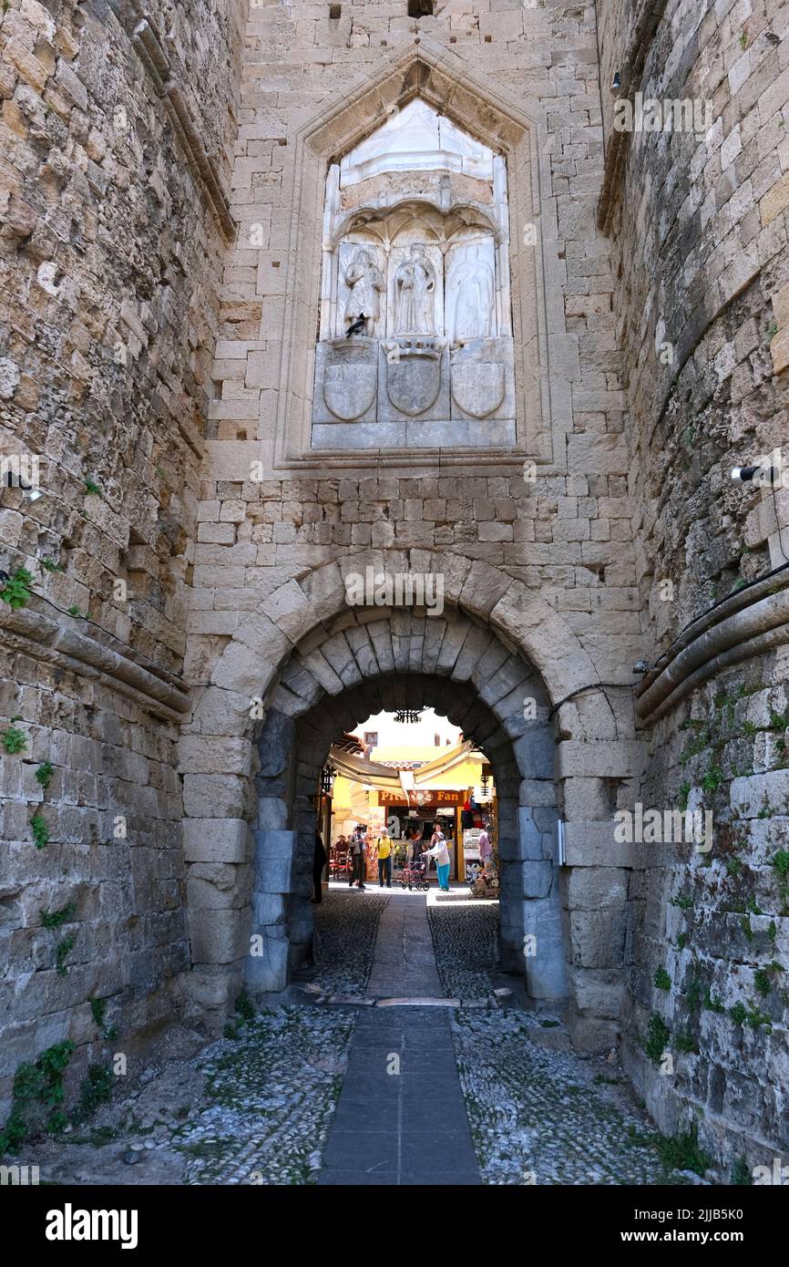 The Kolona Gate leading to the old town of Rhodes in Greece Stock Photo