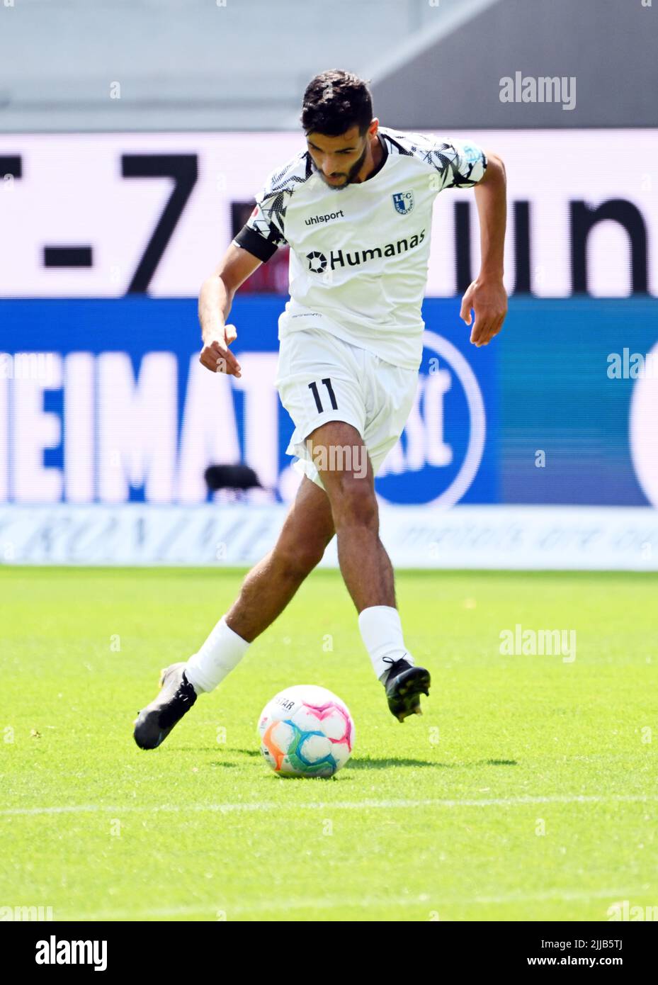 Karlsruhe, Germany. 24th July, 2022. Soccer: 2nd Bundesliga, Karlsruher SC - 1. FC Magdeburg, Matchday 2, at BBBank Wildpark. Magdeburg's Mohammed El Hankouri- Credit: Uli Deck/dpa - IMPORTANT NOTE: In accordance with the requirements of the DFL Deutsche Fußball Liga and the DFB Deutscher Fußball-Bund, it is prohibited to use or have used photographs taken in the stadium and/or of the match in the form of sequence pictures and/or video-like photo series./dpa/Alamy Live News Stock Photo