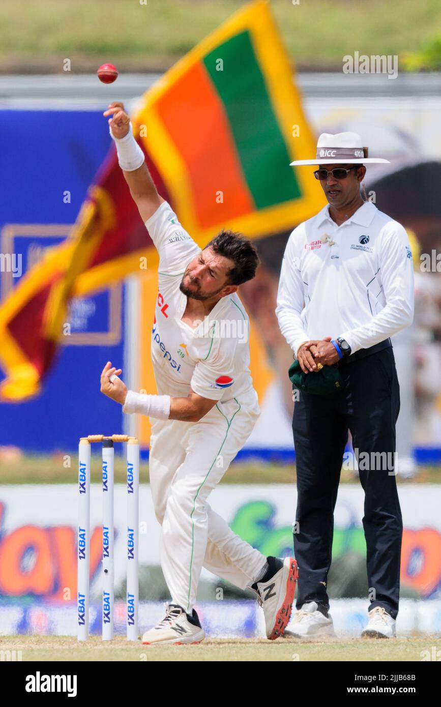Galle, Sri Lanka. 25th July, 2022. Pakistan's Yasir Shah bowls during the 2nd day of the 2nd test cricket match between Sri Lanka vs Pakistan at the Galle International Cricket Stadium in Galle on 25th July, 2022. Viraj Kothalwala/Alamy Live News Stock Photo