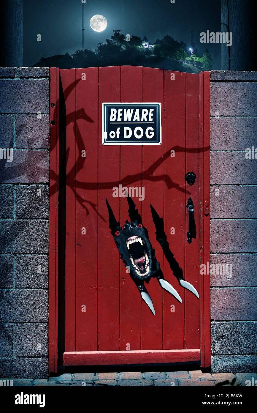 Beast behind a red gate at night Stock Photo Alamy