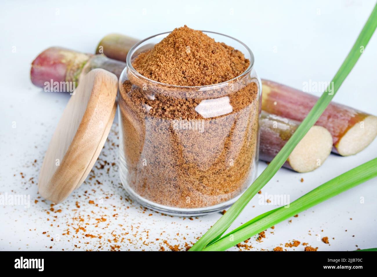 Organic Gur or Jaggery Powder, Jaggery is used as an ingredient in sweet and savoury dishes in the cuisines of India. Stock Photo