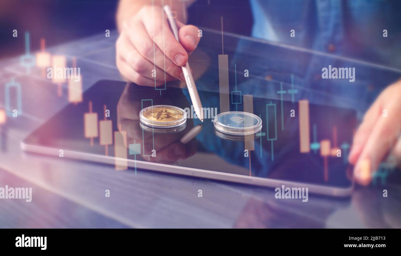 Businessman trading buying selling crypto currency bitcoin concept Stock Photo