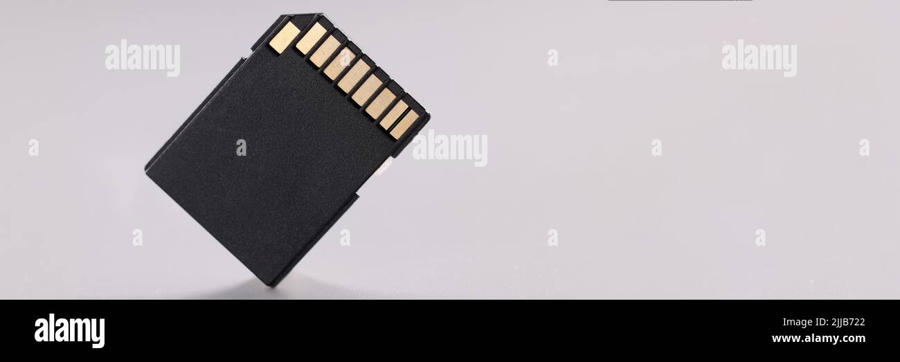 High quality black sd memory card with small gold disc on gray background Stock Photo