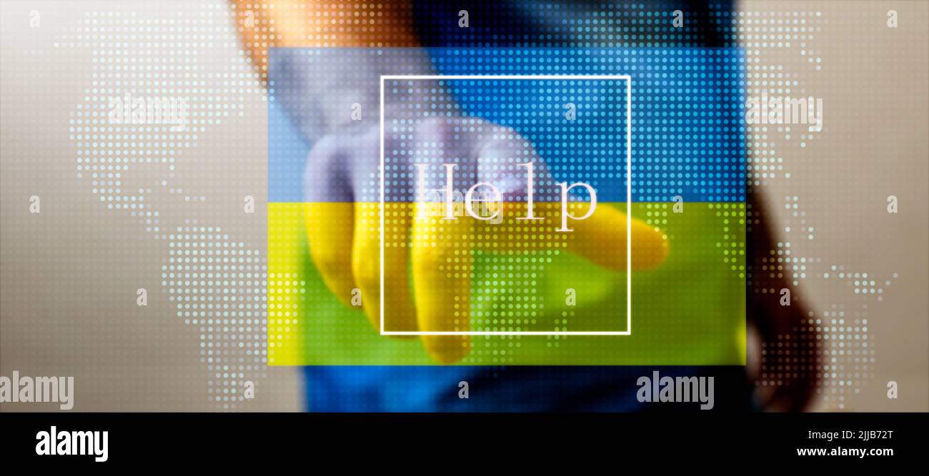 Help Ukraine in the war, Man presses the help button Stock Photo