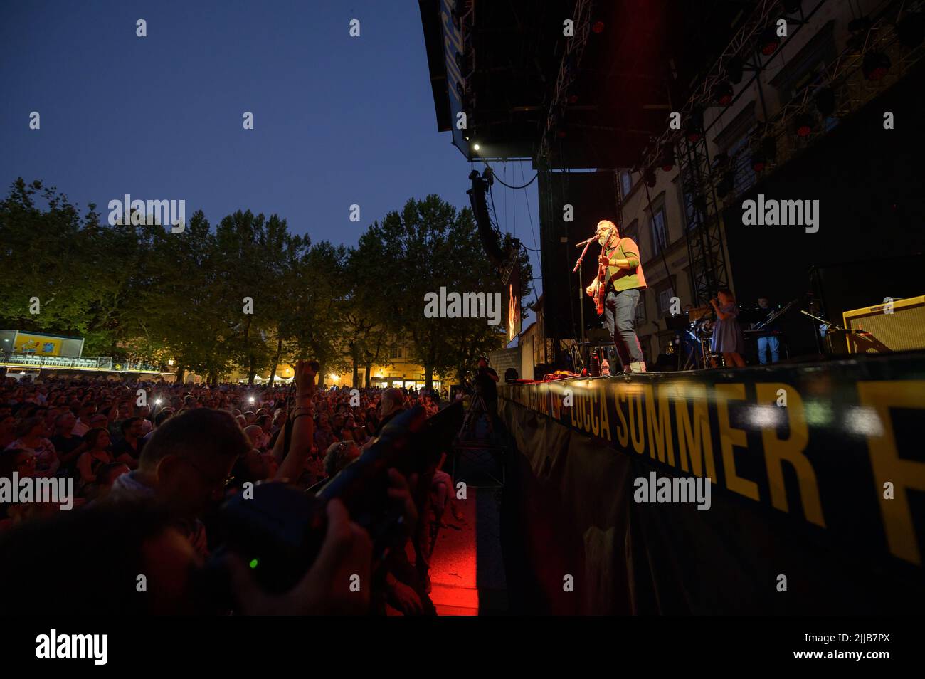 LUCCA, Italy. 24th July, 2022. Brunori sas performs in lucca in the piazza napoleone full of people during the lucca summer festival. Credit: Stefano Dalle Luche/Alamy Live News Stock Photo
