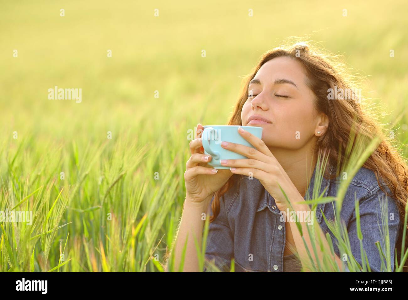 Relaxed woman enjoying holding coffee cup sitting in a wheat field Stock Photo
