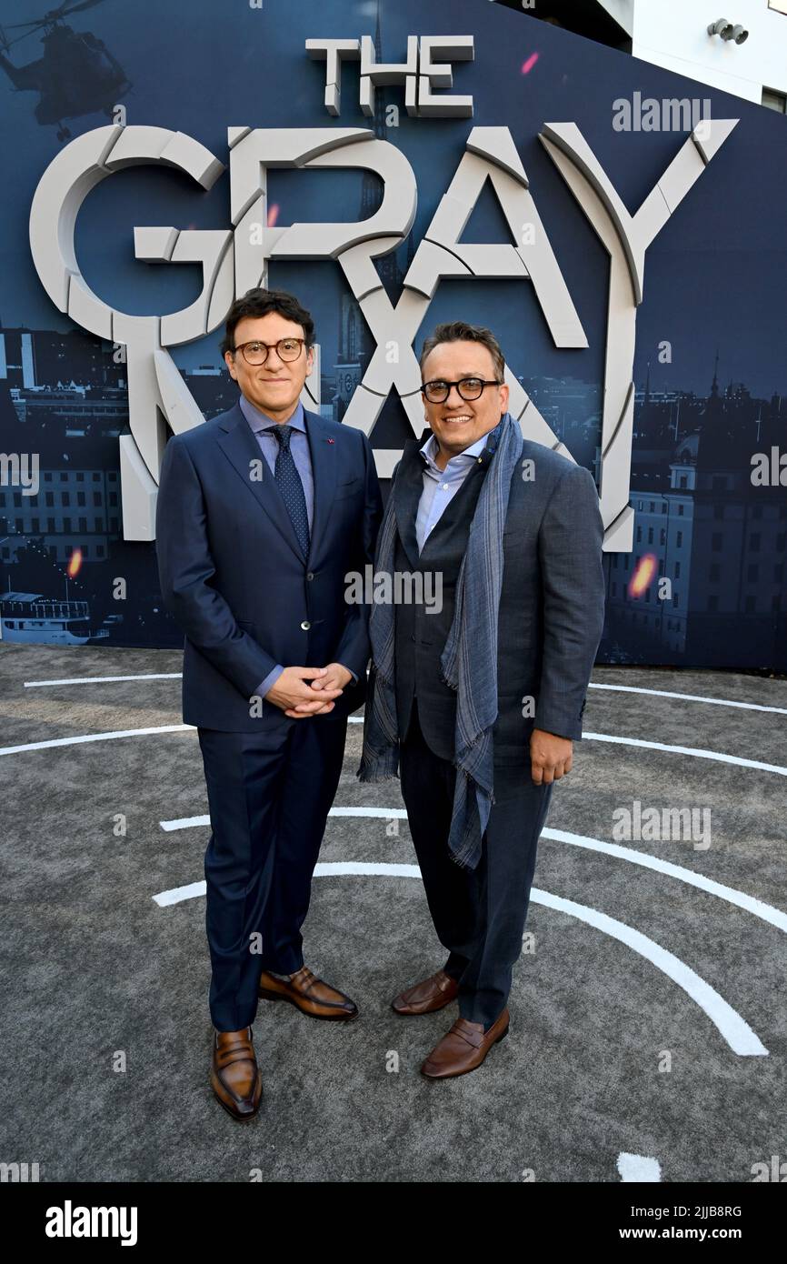 Undated film still handout from The Gray Man. Pictured: (L-R) Anthony Russo and Joe Russo attend Netflix's 'The Gray Man' Los Angeles Premiere at TCL Chinese Theatre on July 13, 2022 in Hollywood, California. Picture credit should read: PA Photo/Michael Kovac/Getty Images for Netflix. All Rights Reserved. WARNING: This picture must only be used to accompany PA Feature SHOWBIZ Film The Gray Man. Stock Photo