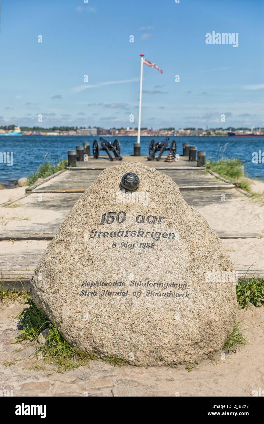 Monument with cannons and cannonball on rock for First Schleswig War at Strib, Funen, Denmark Stock Photo