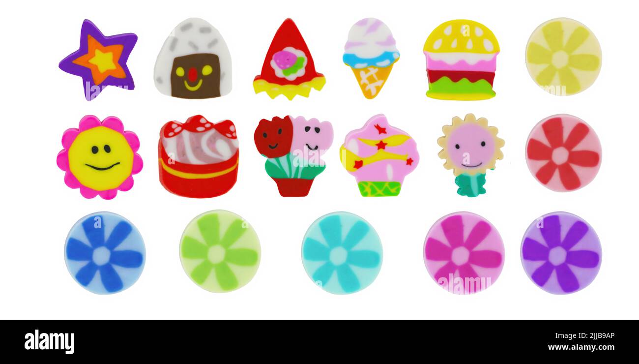 Set of cute erasers isolated on white Stock Photo