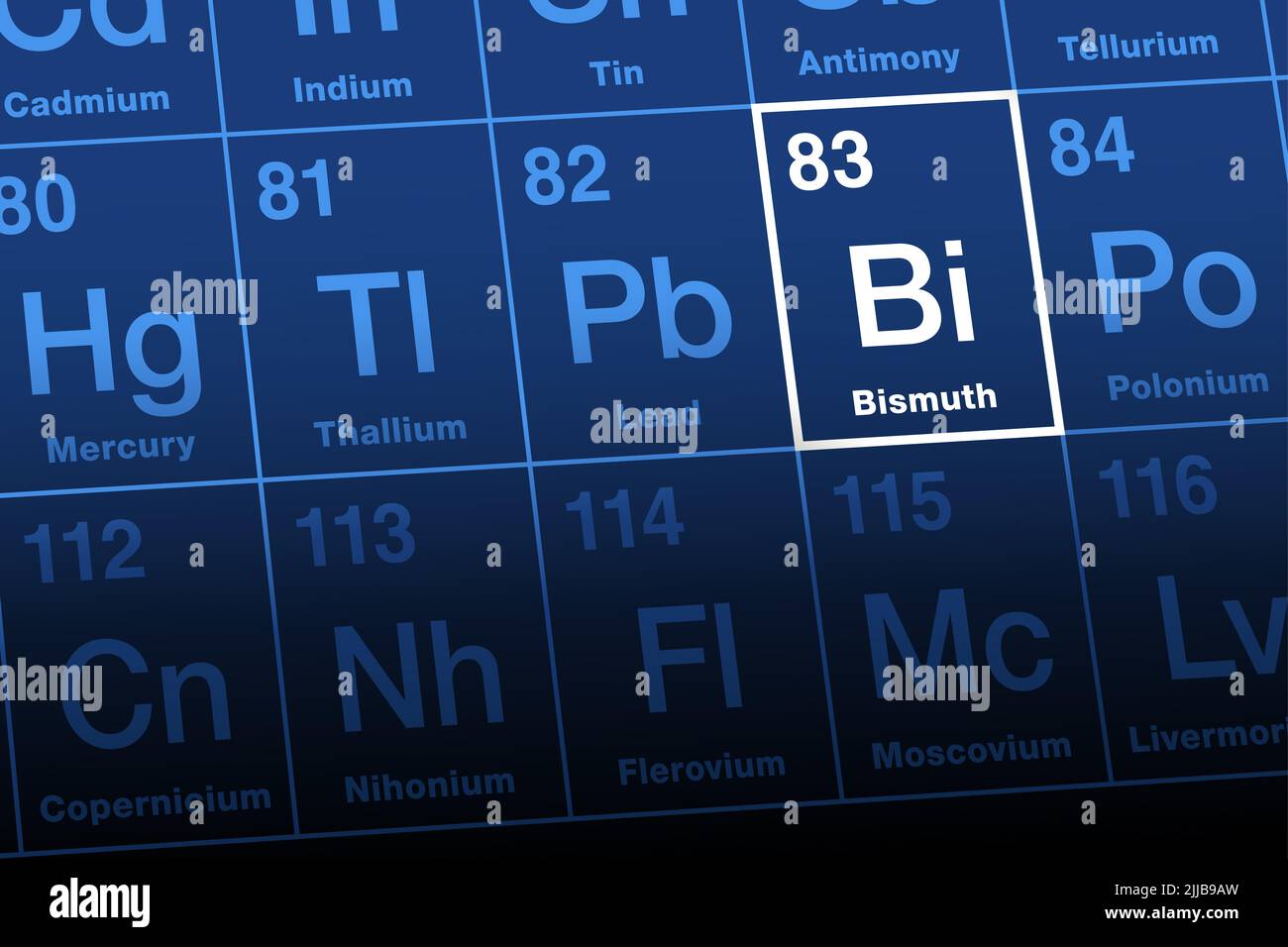 Bismuth on periodic table. Radioactive post-transition metal and chemical element with symbol Bi, possibly from the obsolete German Wismut. Stock Photo