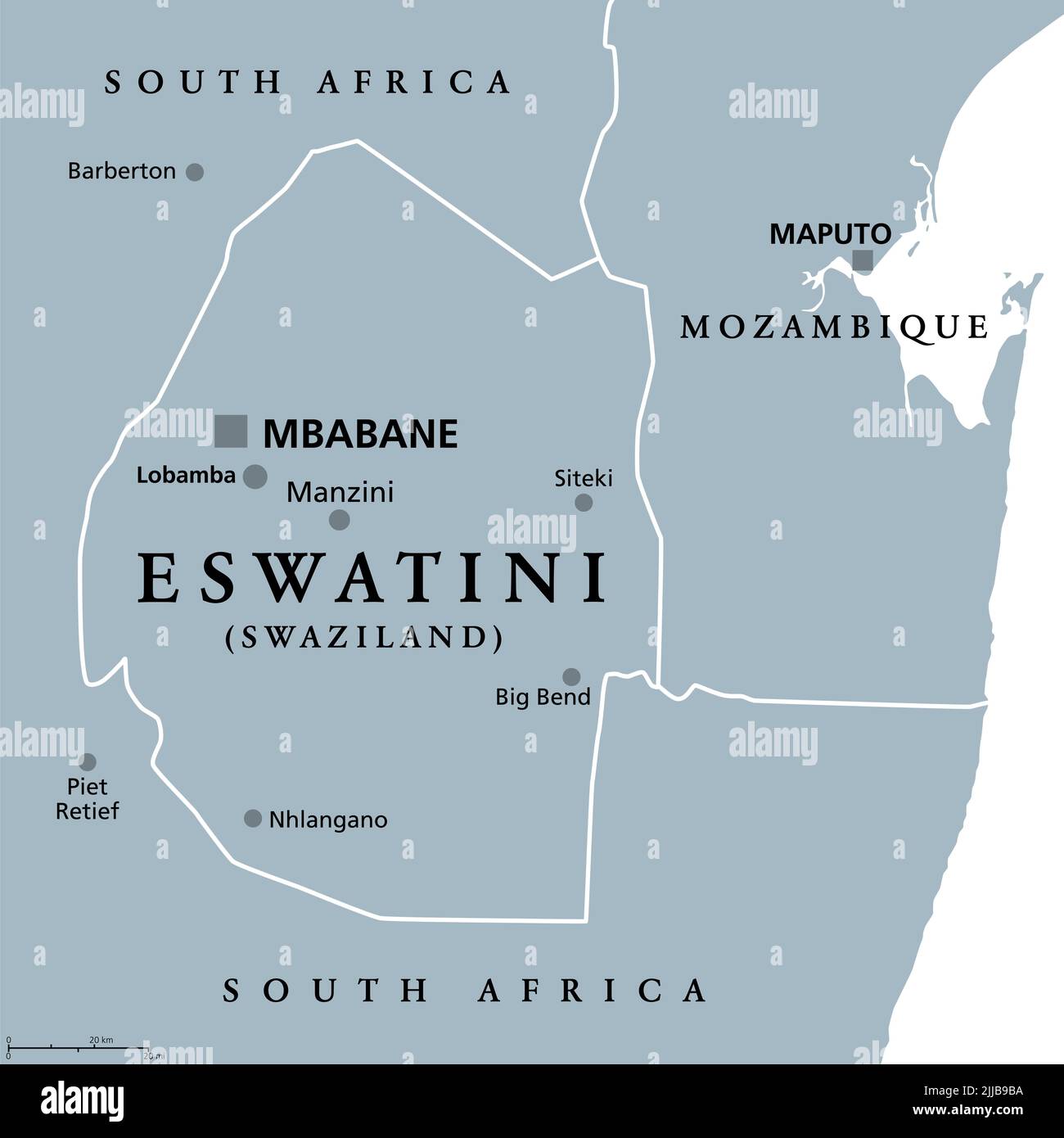 Eswatini, formerly named Swaziland, gray political map, with capitals Mbabane (executive) and Lobamba (legislative). Country in Southern Africa. Stock Photo