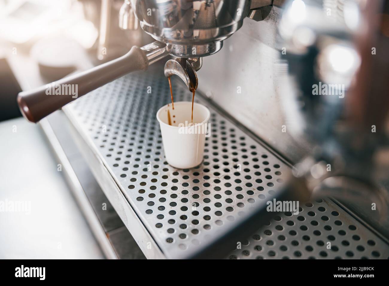Close up view of preparing coffee espresso in automatic coffee machine ...