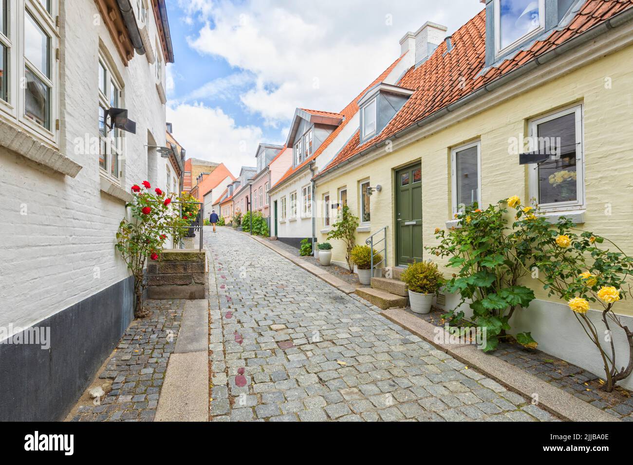 Idyllic cobblestone alley at the old town of Odense Stock Photo