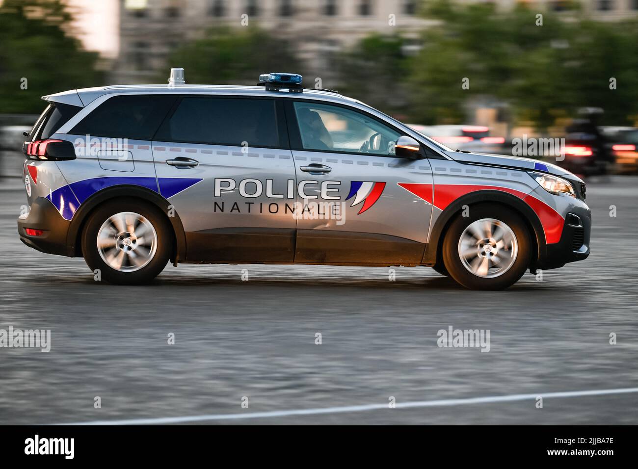 A police car (the new Peugeot 5008) drives through the city ensuring security in Paris, France on July 24, 2022. French national police in action. Photo by Victor Joly/ABACAPRESS.COM Stock Photo