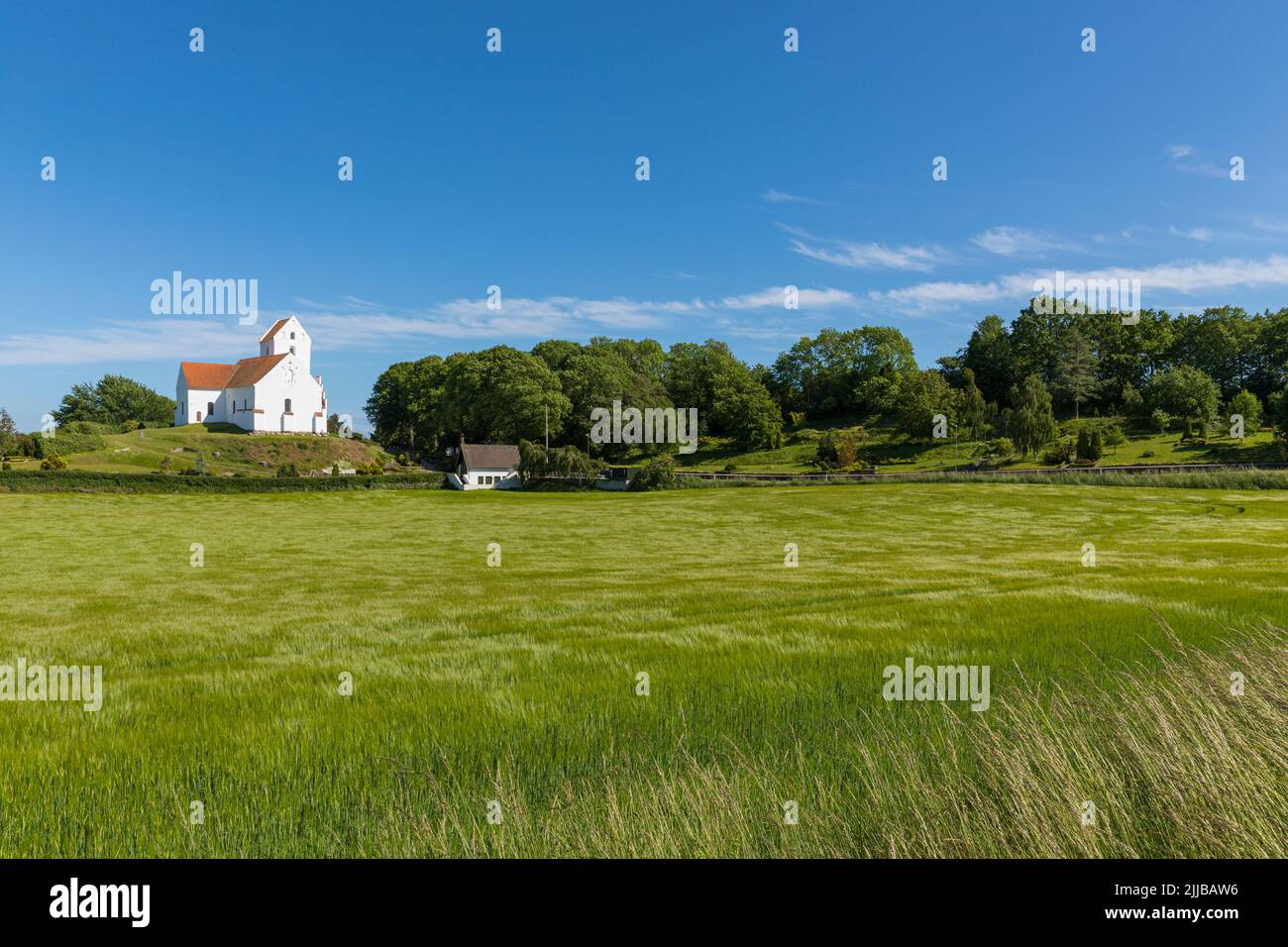Church and cemetery of Humble with green field in foreground, Langeland island, Denmark Stock Photo