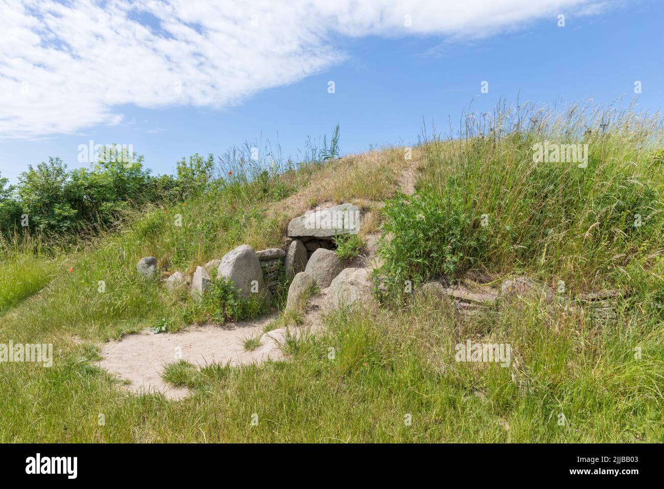Entrance to the neolithic Hulbjerg Passage Grave on Danish Baltic Sea island of Langeland Stock Photo