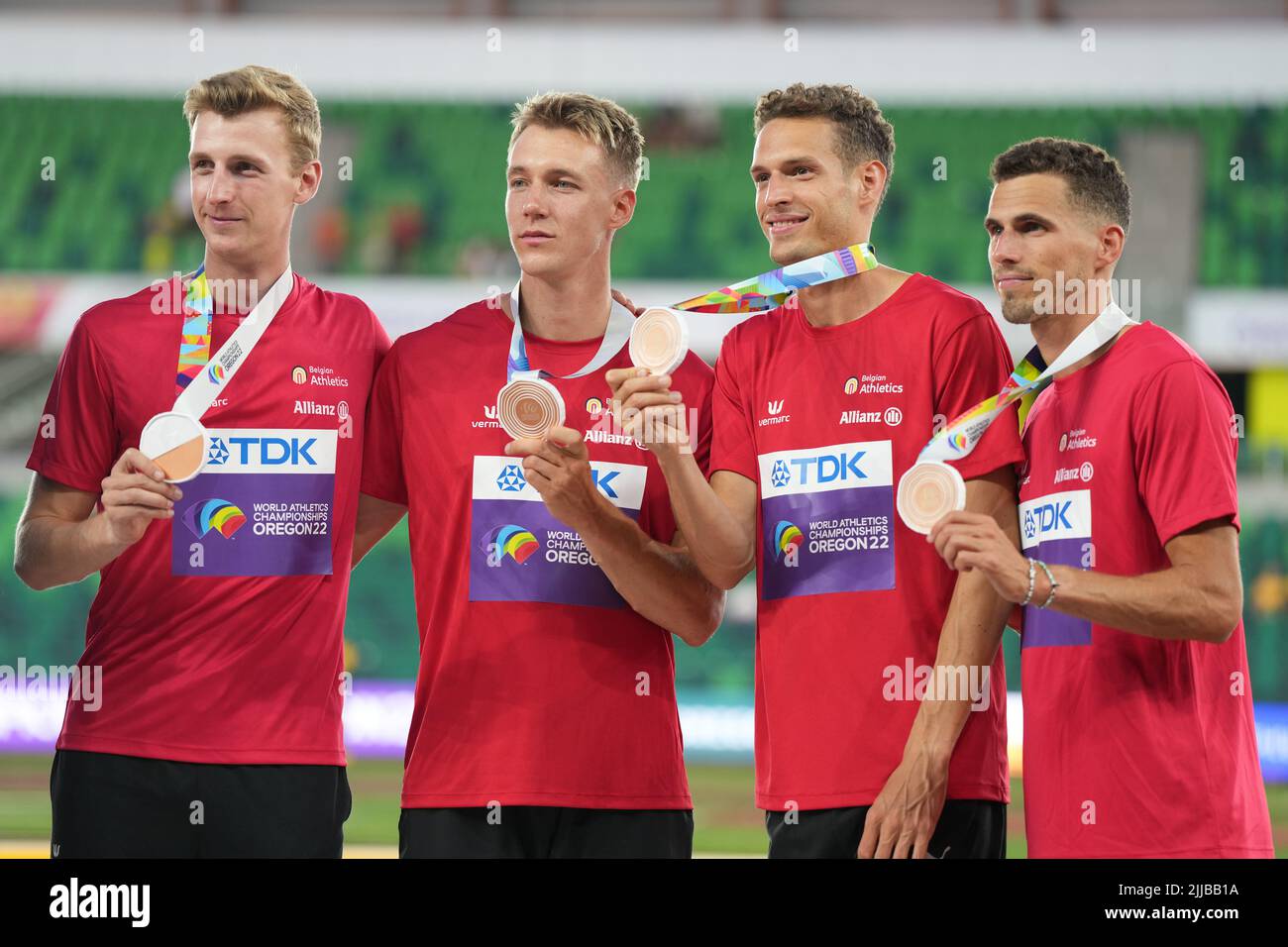 Eugene, USA. 24th July, 2022. Bronze medalists Alexander Doom, Julien Waterin, Dylan Borlee and Kevin Borlee (L to R) of Belgium pose during the men's 4x400m relay awarding ceremony at the World Athletics Championships Oregon22 in Eugene, Oregon, the United States, July 24, 2022. Credit: Wu Xiaoling/Xinhua/Alamy Live News Stock Photo