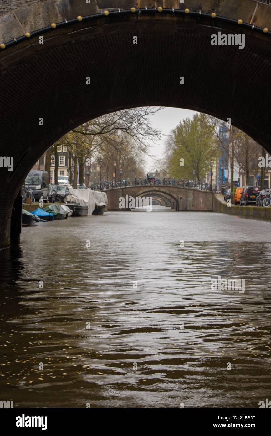 On a certain point in Amsterdam there are 7 bridges of the Reguliersgracht visible. Stock Photo