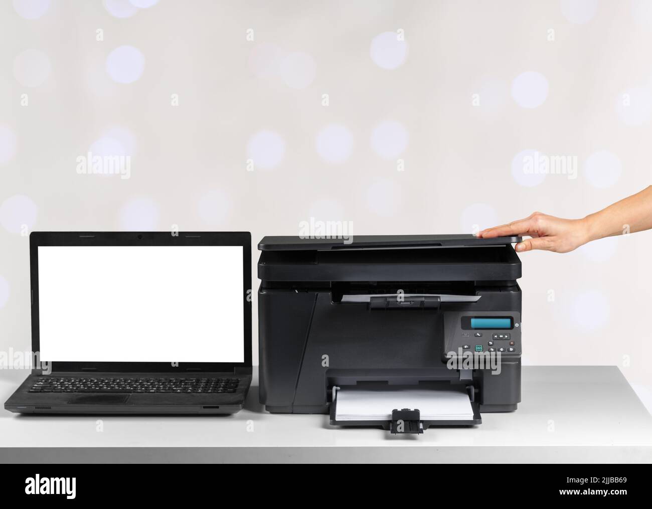 Printer and computer. Office table Stock Photo - Alamy