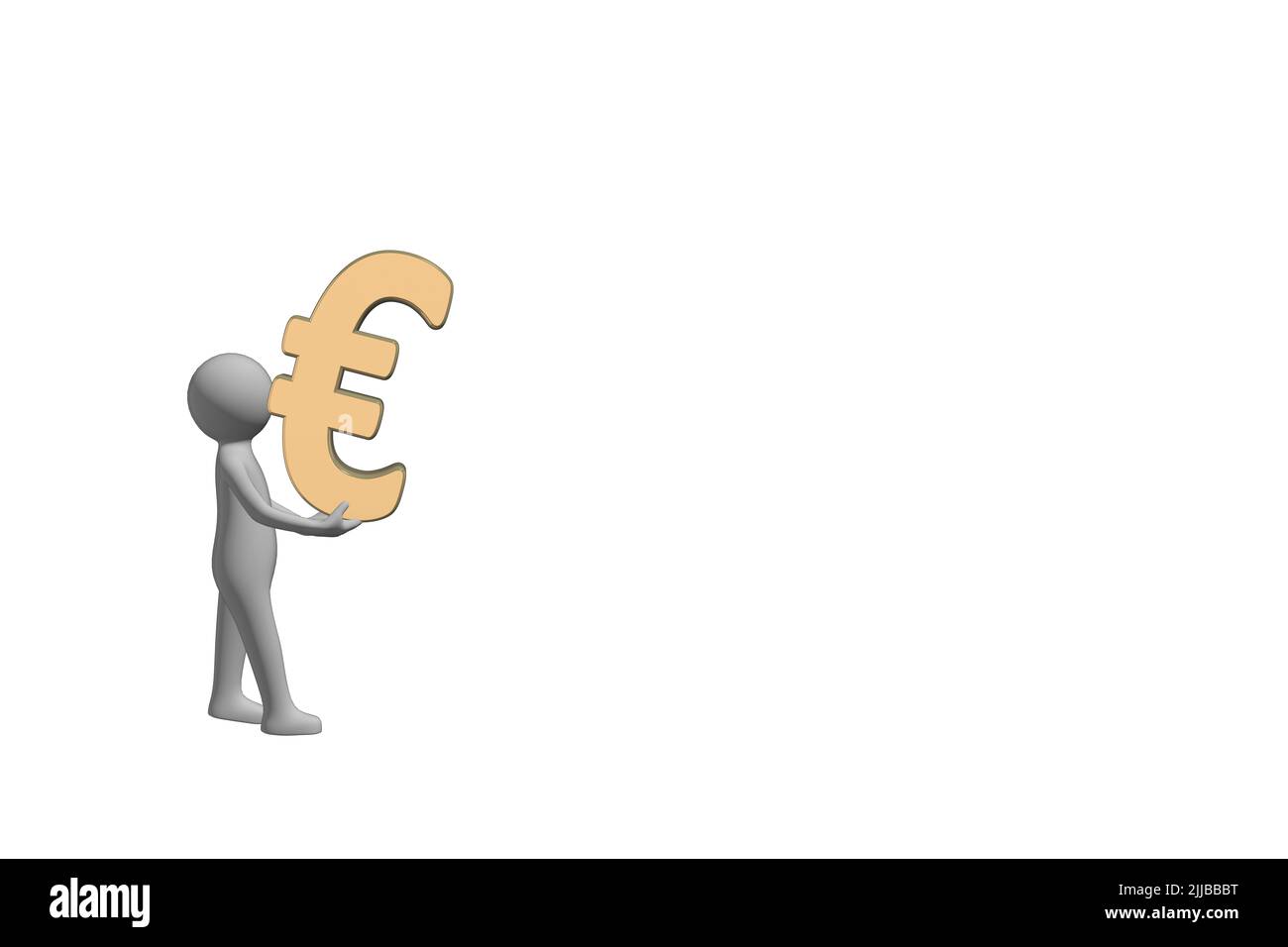 man carrying money concept 3D figure carrying a 3D gold metal euro currency symbol sign cut out isolated on white background Stock Photo
