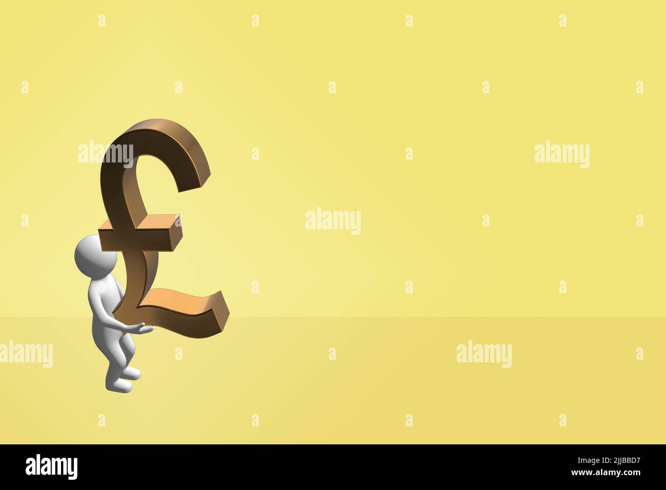 man carrying money concept 3D figure carrying a 3D gold metal pound sterling currency symbol sign Stock Photo