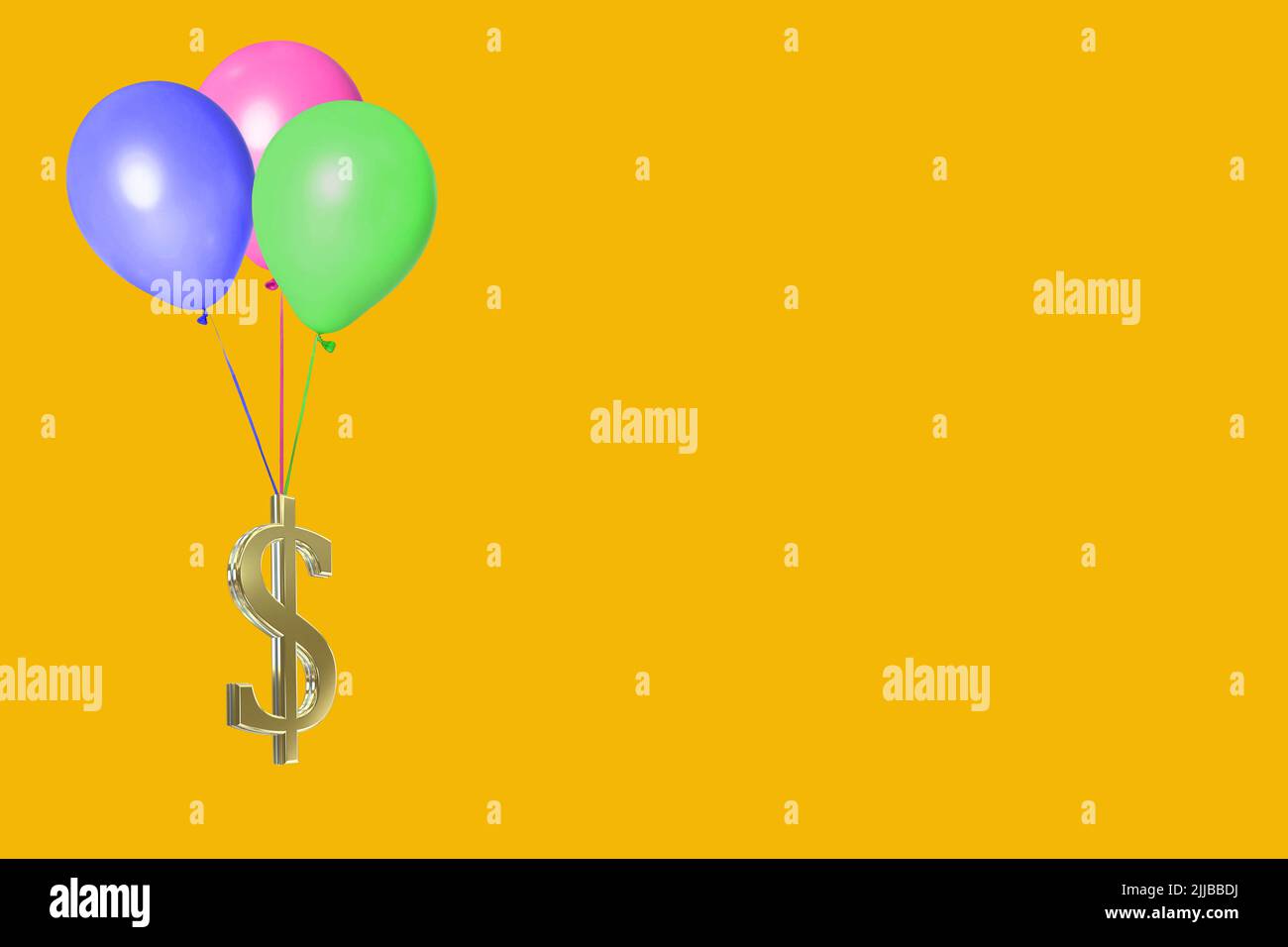 3D gold dollar currency symbol symbols sign signs isolated on colorful colourful yellow background dollar inflation concept Stock Photo